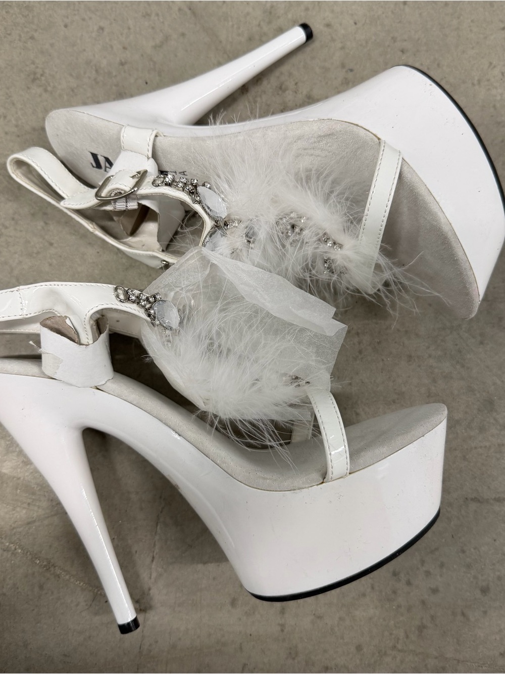 White Feather Platform Stiletto Sandals with Crystal Accent